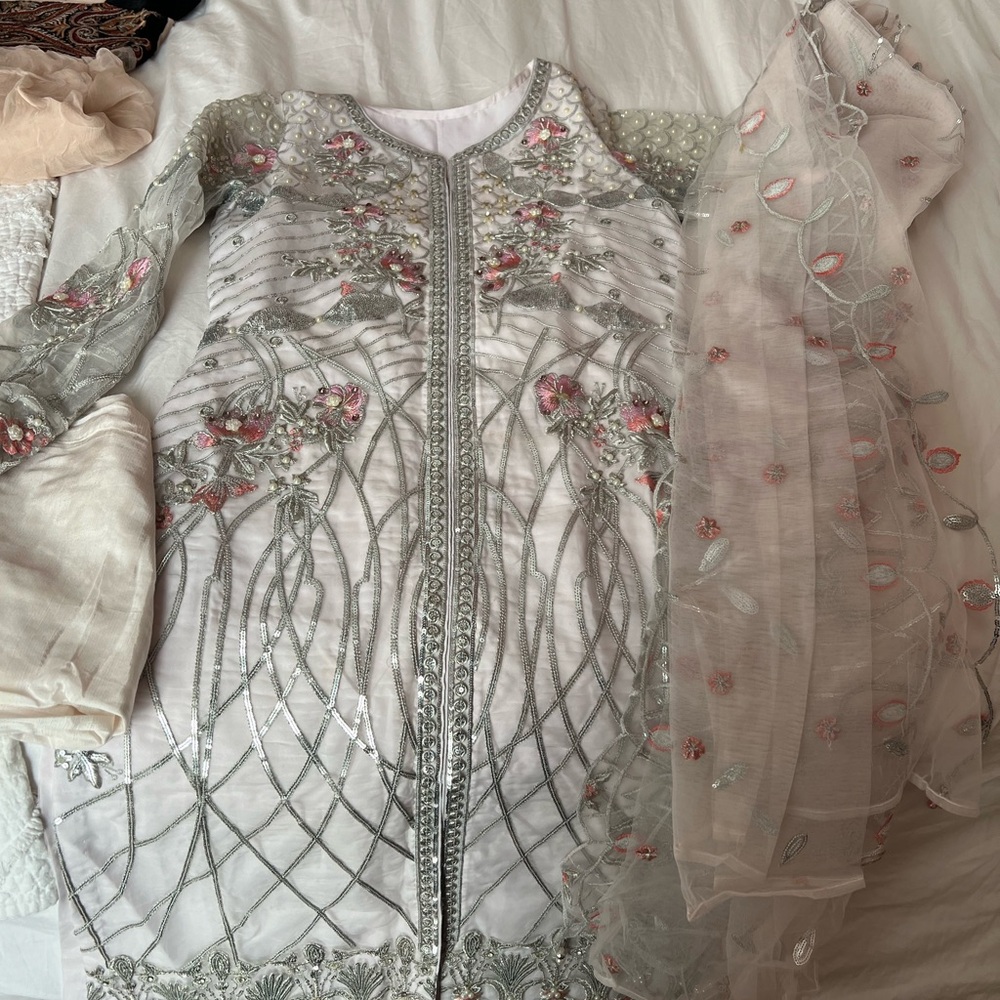 Embroidered Gray and Pink Traditional Dress